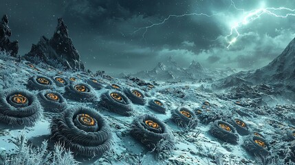 Poster -  A group of tires rests atop a snow-covered hillside amidst a cloudy sky with a lightning bolt