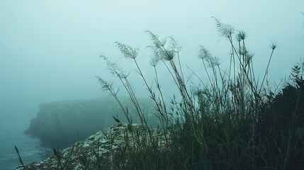 Canvas Print -  Cliff view on foggy day with plants & water