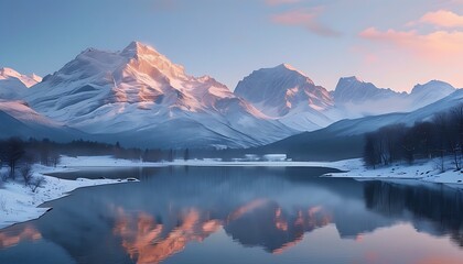 Snow-covered mountains and lakes form a peaceful and beautiful winter landscape in the soft light of sunrise.