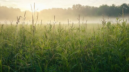 Poster -   Foggy field with tall grass in the foreground, trees on distant horizon