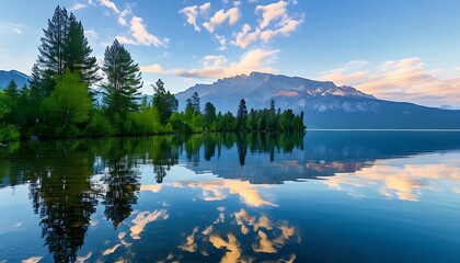 The tranquil lakes and mountains set off, the natural scenery surrounded by trees, and the beautiful sky intertwined with floating clouds create a harmonious natural atmosphere.