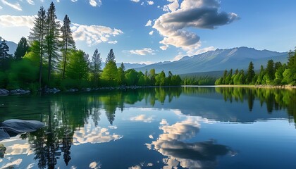 The tranquil lakes and mountains set off, the natural scenery surrounded by trees, and the beautiful sky intertwined with floating clouds create a harmonious natural atmosphere.