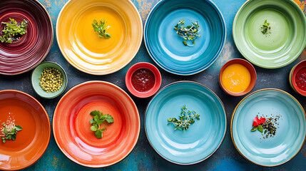 Wall Mural - Artistic arrangement of crockery featuring vibrant soup bowls salad plates and pasta bowls creating a colorful and inviting table setting