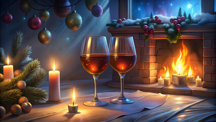 Two glasses of wine in front of a fireplace with christmas decorations