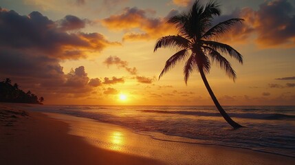 Poster -   A palm tree rests atop a beach beside the ocean as the sun sets beyond it