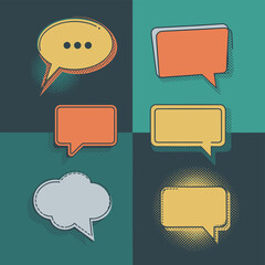 Poster - Pop-art style speech bubbles in various shapes and colors on a divided background.