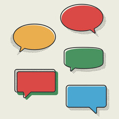 Poster - Colorful speech bubbles in a comic style, featuring red, yellow, green, and blue variations with dotted outlines.