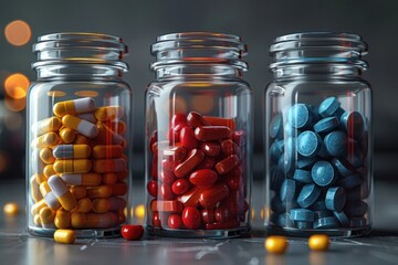 Wall Mural - Colorful glass jars filled with various capsules and tablets showcase pharmaceutical diversity on a dark background