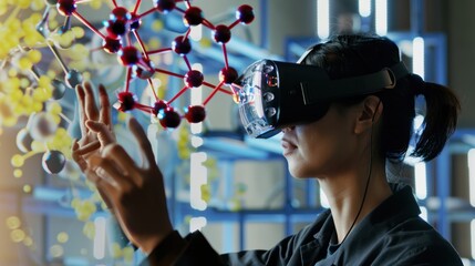 Poster - Woman Experiencing Virtual Reality and Interacting with a 3D Molecular Model