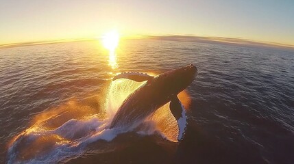 Poster -   A majestic humpback whale plunges into the vast ocean, with the radiant sun casting its golden light beyond the surrounding vessel