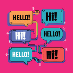 Poster - Colorful speech bubbles with greetings on a vibrant pink background.