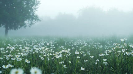 Sticker -   A field of white daisies amidst a foggy day with a tree in the background