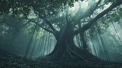 Poster -  Large tree amidst dense forest, scattered leaves on the ground, misty sky above