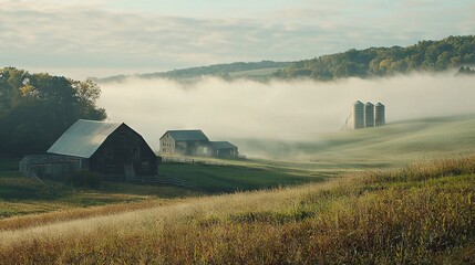 Poster -   A hazy field featuring a barn and silhouettes in the foreground and trees in the distance