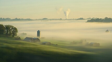 Wall Mural -   A hazy pasture with a barn and silhouettes in the background, surrounded by trees in the foreground