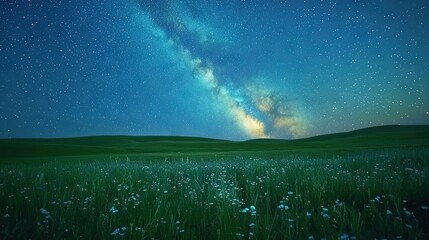 Canvas Print -   A field of wildflowers in the foreground, surrounded by a grassy field under a starry night sky with the Milky Way rising in the distance