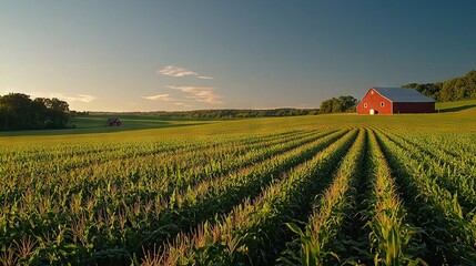 Sticker -  A red barn stands tall in a green field, surrounded by rows of crops in the foreground