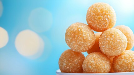 Wall Mural - Delicious Sesame Seed Balls on Blue Background