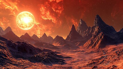 Sticker -  An artist's depiction of an alien terrain featuring towering peaks and a colossal sun overhead