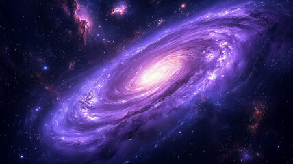 a stunning depiction of a spiral galaxy in deep space, radiating with intense shades of purple, pink