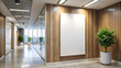 © Natalia - Blank vertical poster on wooden wall in office lobby. Mock up, 3D Rendering