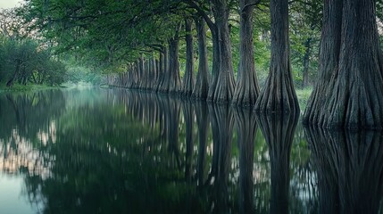 Sticker -   A water body enclosed by woodlands and flanked by lush green foliage on either side