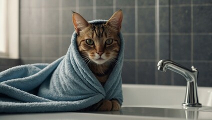 A domestic cat wrapped in a towel in a bathroom setting, offering space for text or design.