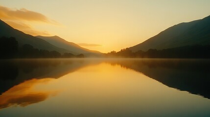 Poster -  A lake encircled by peaks, bathed in evening sunlight and dotted with wispy clouds