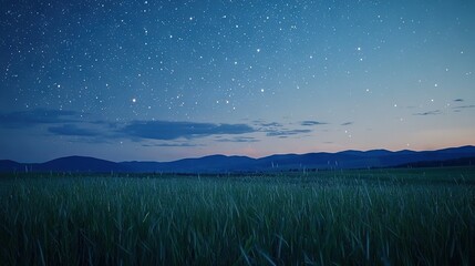 Canvas Print -   Tall grass field at night sky with stars in distant mountains