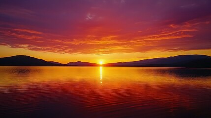 Poster -   A stunning sunset over a vast waterbody with towering mountains in the background and a radiant orange-yellow sun at its zenith