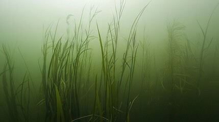 Poster -   A hazy field, dotted with tall blades of grass, bathes in golden sunlight breaking through the misty air