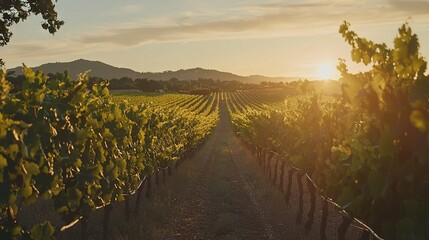 Poster -   The sun sets over a vineyard in the foreground and mountains in the background