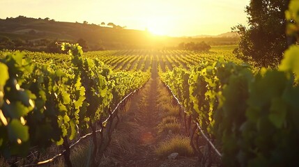 Poster -   The sun sets over a vineyard with rows of vines in the foreground and a hill in the background