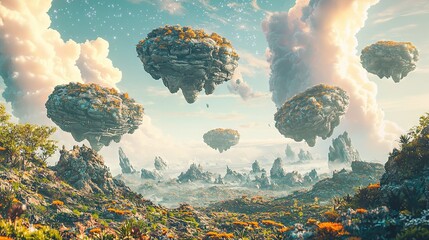 Canvas Print -   A cluster of trees suspended above a verdant forest with myriad flora and blossoms, set against a backdrop of diffused blue heavens