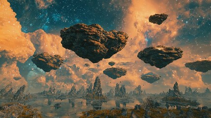 Poster -  Rocks floating in midair with numerous clouds and stars behind