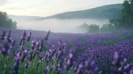 Poster -   A lavender field in front of a mountain with misty air and a forest in the background