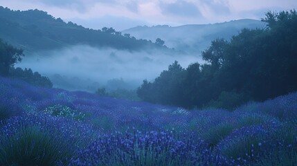   Blue flowers in a forest hill covered in fog and clouds