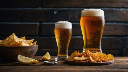 Wall Mural - A lager beer and assorted snacks on a wooden surface, ideal for adding text or design elements.