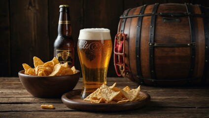 Wall Mural - A lager beer and assorted snacks on a wooden surface, ideal for adding text or design elements.