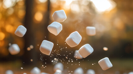 Marshmallows floating in the air against a blurred autumn forest backdrop during golden hour