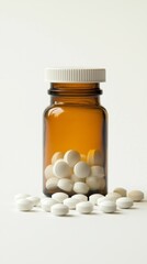 Brown pill bottle with white tablets on white background - medication, health