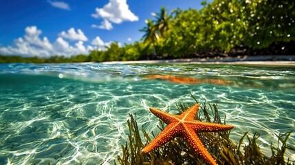 Canvas Print -  Starfish in Shallow Water near Tropical Island