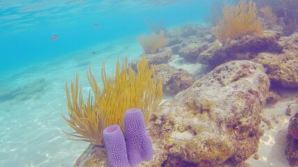 Poster -   Two purple sponges atop a sandy beach near water on a sunny day