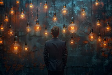 a man standing in front of a wall with many light bulbs.