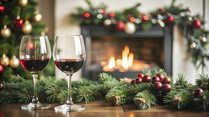 Two glasses of red wine on a wooden table in front of a fireplace with Christmas decorations.