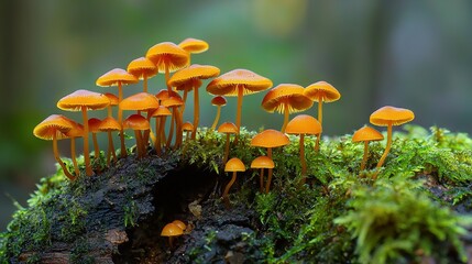 Canvas Print -   A cluster of yellow mushrooms emerging from a moss-covered log amidst the backdrop of towering trees in the depths of the forest