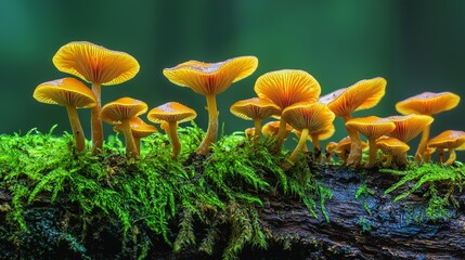 Poster -   A cluster of golden fungi resting atop verdant moss-covered woodland carpeted with lush lichens