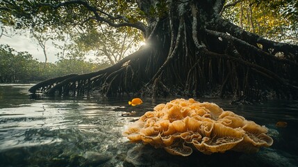 Sticker -   A majestic tree stands tall in the center of a tranquil lake, surrounded by lush vegetation sprouting from the water's edge