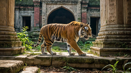 Majestic Bengal Tiger in Ancient Ruins: A majestic Bengal tiger strides confidently through the ruins of an ancient temple, its stripes blending seamlessly with the weathered stonework.  A captivating