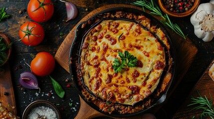 Wall Mural - Delicious Moussaka with melted cheese and fresh herbs